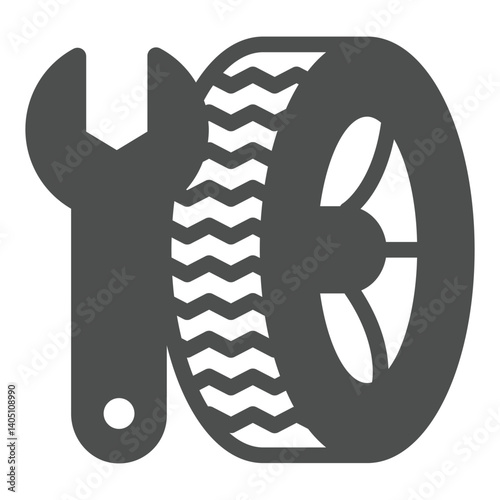 Wrench tool and car wheel solid icon, tires fitting concept. Vector graphics. Changing wheels, car service sign on white background, glyph style icon for mobile or web design.