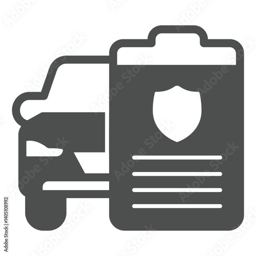 Car with document solid icon, automobile sales concept. Vector graphics. Motor vehicle insurance form, paperwork sign on white background, glyph style icon for mobile or web design.