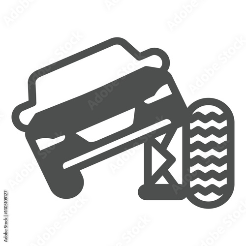 Car vehicle with foldable jack and wheel solid icon, tires fitting concept. Vector graphics. Spare tire mounting, repair sign on white background, glyph style icon for mobile or web design.
