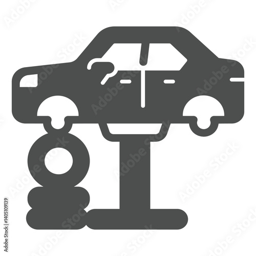 Car carcass on lift with tires solid icon, car service concept. Vector graphics. Lift with automobile, repair sign on white background, glyph style icon for mobile or web design.
