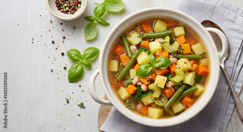 Hearty Minestrone Soup With Fresh Basil On Rustic White Wooden Table Hearty Minestrone Soup With Fresh Basil On Rustic White Wooden Table