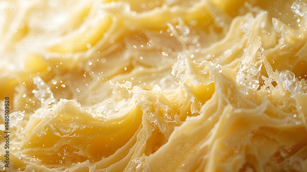 A very close up view of a yellow and white textured surface with small water droplets scattered around A very close up view of a yellow and white textured surface with small water droplets scattered around