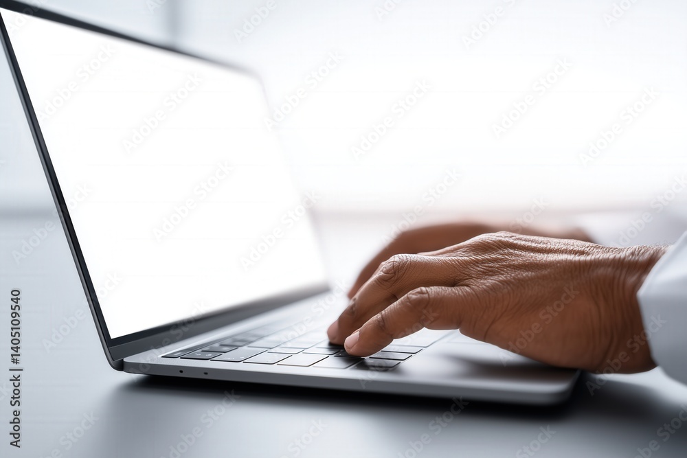Hands typing on laptop keyboard in bright modern workspace, digital work and communication concept Hands typing on laptop keyboard in bright modern workspace, digital work and communication concept