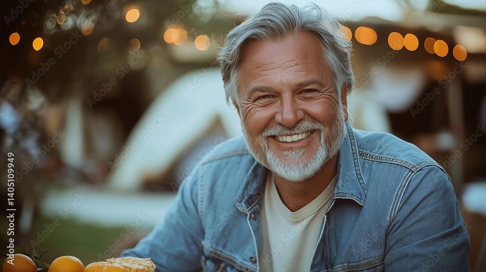 Fototapeta premium Gray-haired man in denim jacket sits by tents, smiling with oranges and bread on the table