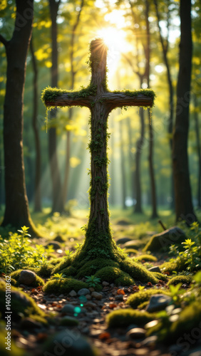 Cross planted in forest with sunlight filtering through trees.