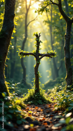 A serene forest path with a sunlit cross as a guiding symbol.