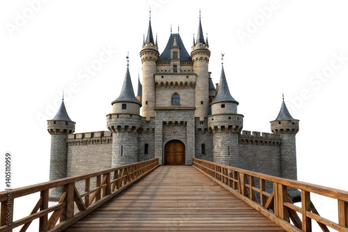 Majestic castle with towers and wooden bridge leading to its grand entrance for fantasy-themed designs