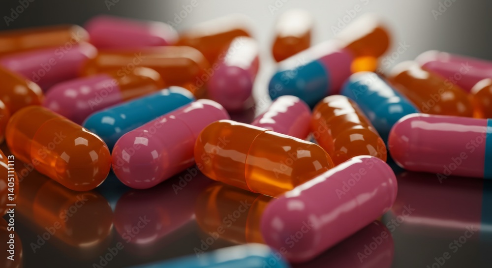 Macro view of translucent pharmaceutical capsules in vibrant hues: A close-up Macro view of translucent pharmaceutical capsules in vibrant hues: A close-up