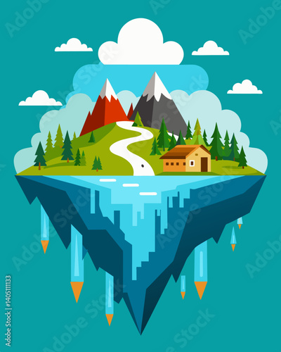 In a mountainous region melting glaciers have caused flash floods and landslides that have destroyed entire villages forcing their inhabitants to flee and become climate refugees.. Vector illustration