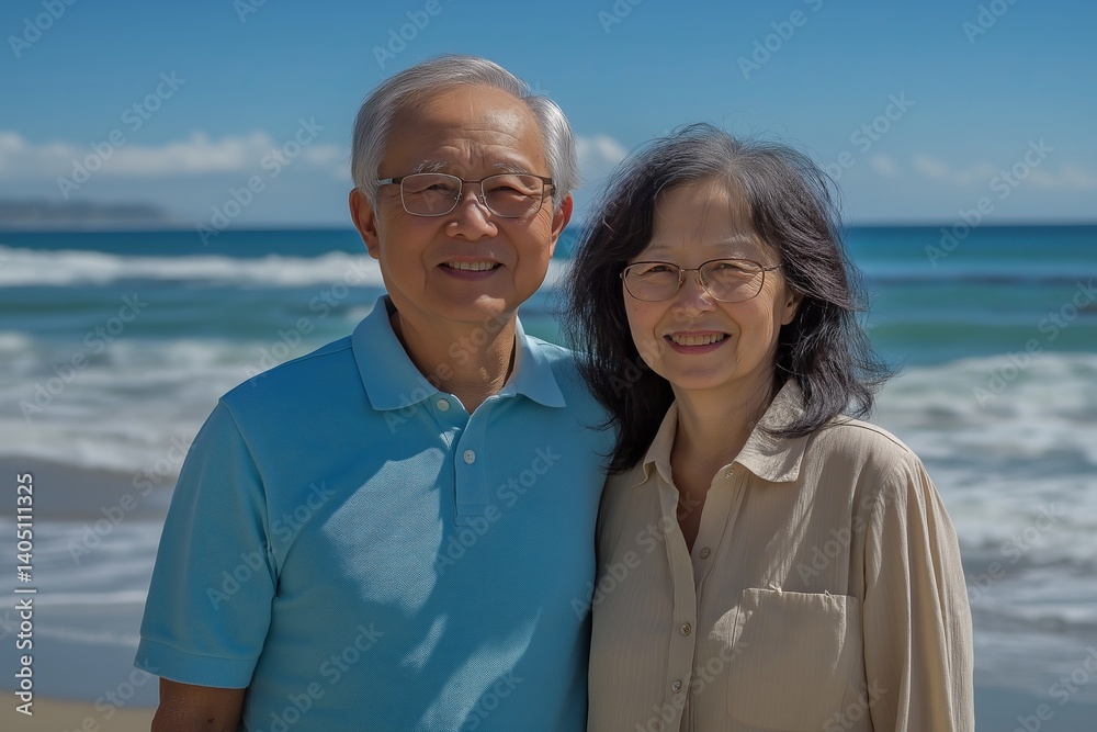 Smiling older couple poses together by the sea on a sunny day, waves roll gently in the background Smiling older couple poses together by the sea on a sunny day, waves roll gently in the background