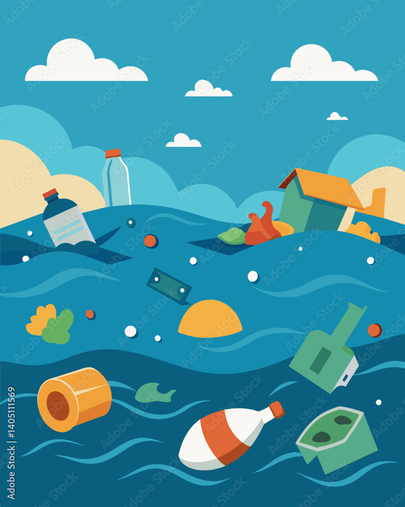 Naklejka premium A slowmoving wasteland made up of discarded items and garbage silently drifting through the ocean currents.. Vector illustration