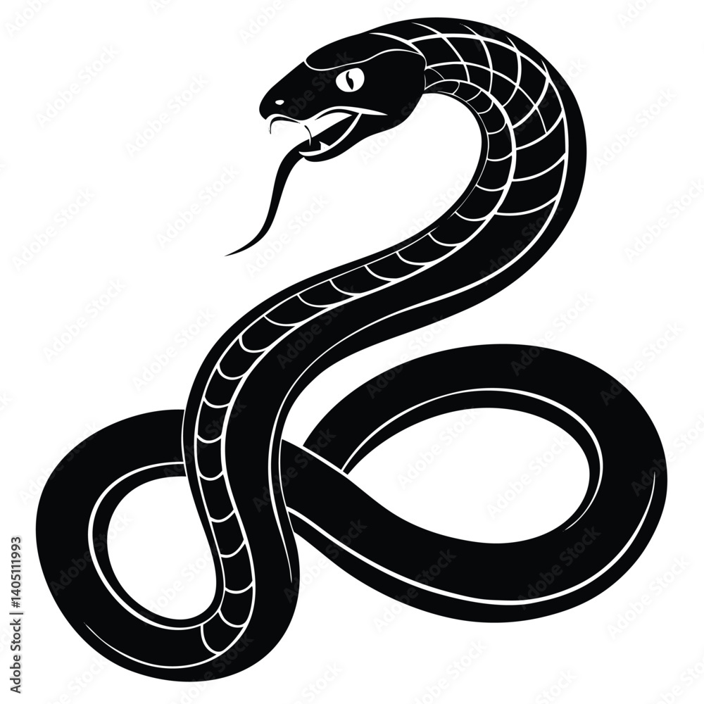 Fototapeta premium Cartoon vector illustration of a black snake, serpent design, cute and wild wildlife character, symbol of nature and danger