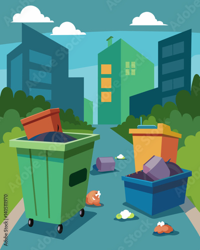 Overflowing dumpsters were a common sight in the rundown neighborhood a sign of neglect and lack of proper waste management.. Vector illustration