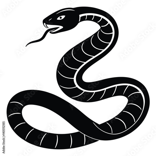 Black and white snake in a simple cartoon style, featuring a cobra silhouette, reptile symbol, and wild nature design