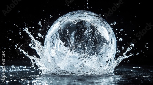 Transparent sphere of water, exploding in a dynamic splash. photo