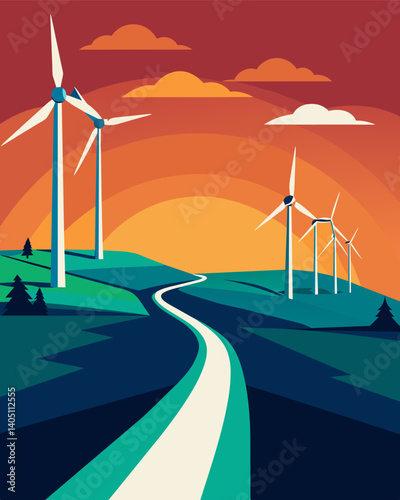 A wind farm stretching out as far as the eye can see representing the potential for a widespread shift towards sustainable energy sources.. Vector illustration