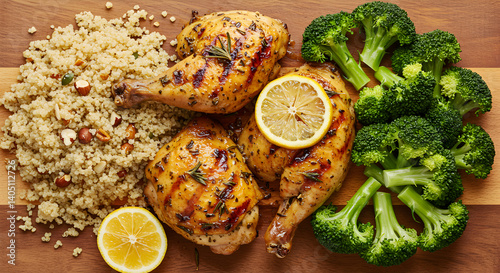 Roasted Chicken Served With Quinoa and Fresh Broccoli Healthy Meal