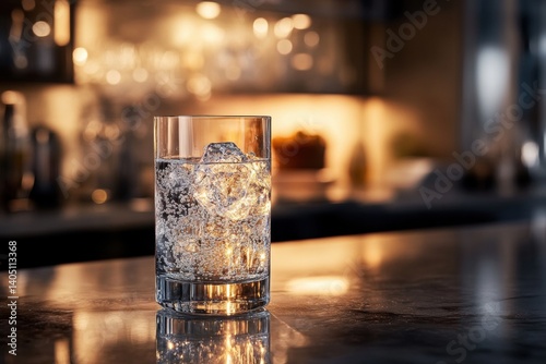 Sparkling water glass on a bar countertop.