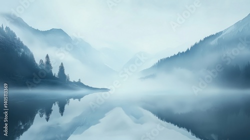 A serene landscape of a lake surrounded by mountains and trees, with a light blue sky and misty atmosphere.