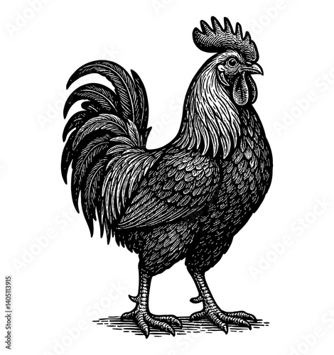 A Detailed Black and White Engraving of a Standing Rooster Side View Illustration