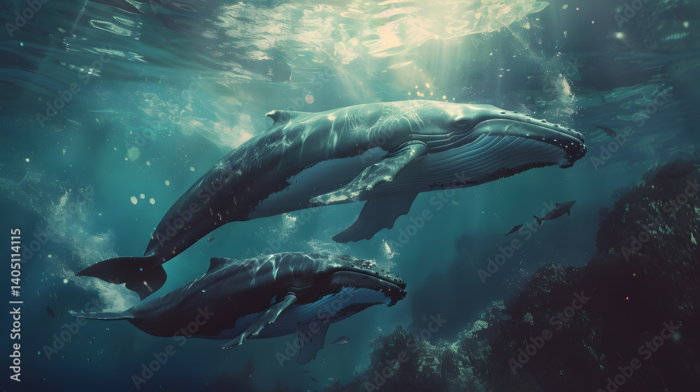 Fototapeta premium Nature's Marvel: Humpback Whales Under Sunlit Seas