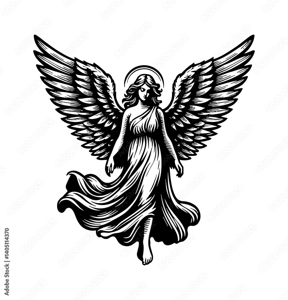 Fototapeta premium Elegant Angel with Wings Spread, Wearing a Flowing Dress, Black and White Vintage Detailed Drawing