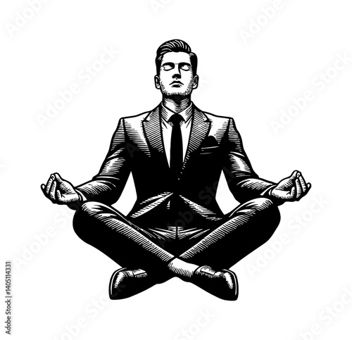Meditating Businessman in Suit Doing Yoga Lotus Position with Eyes Closed in Engraving Style