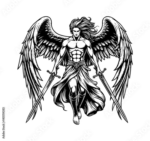 Illustration of an angel with wings holding two swords in black and white