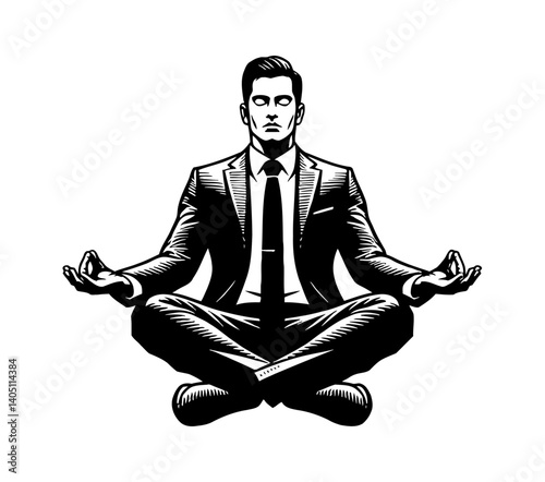 Businessman Meditating in Lotus Position with Calm Expression and Black and White Vector