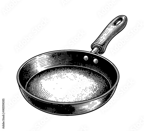 Detailed Engraving of an Empty Frying Pan, Cooking Utensil with Handle