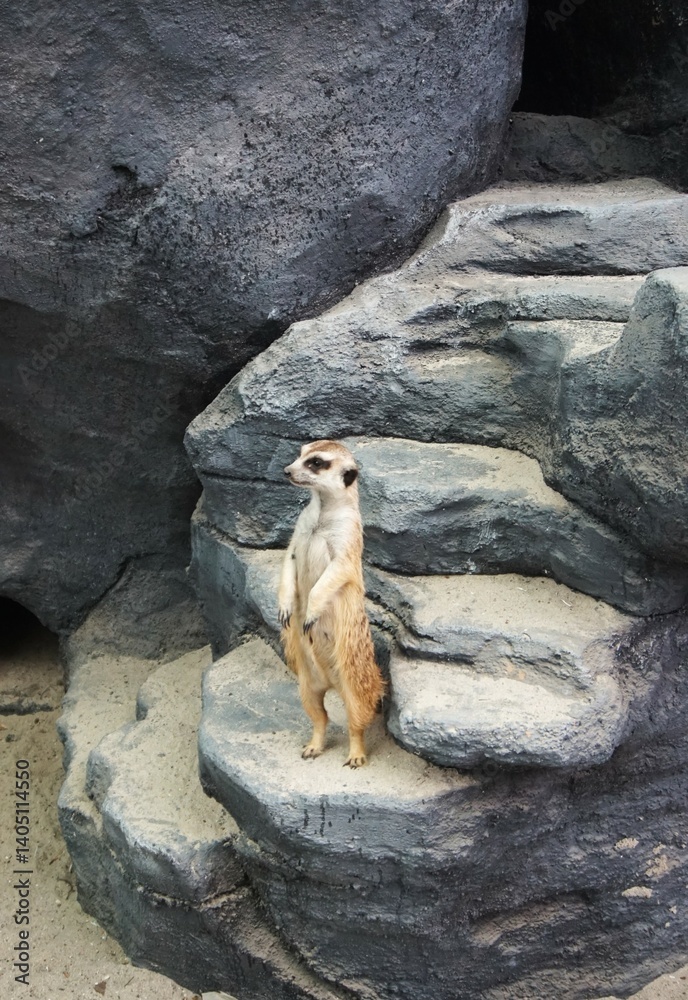 Obraz premium cute meerkat who is standing on a stone, looks adorable