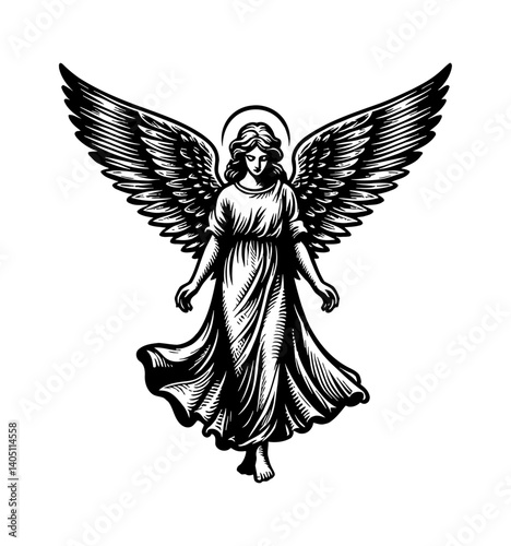 Detailed Engraving of Angel with Open Wings Wearing Long Dress and Halo in Black and White