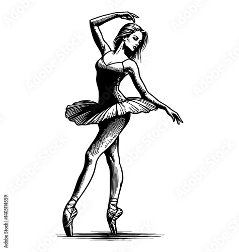 Elegant ballerina in graceful pose, vintage black and white ink drawing in tutu and ballet shoes
