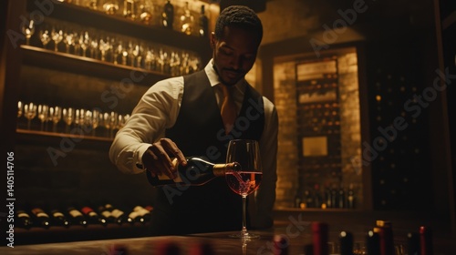 Dark bar scene of a sommelier pouring champagne. photo