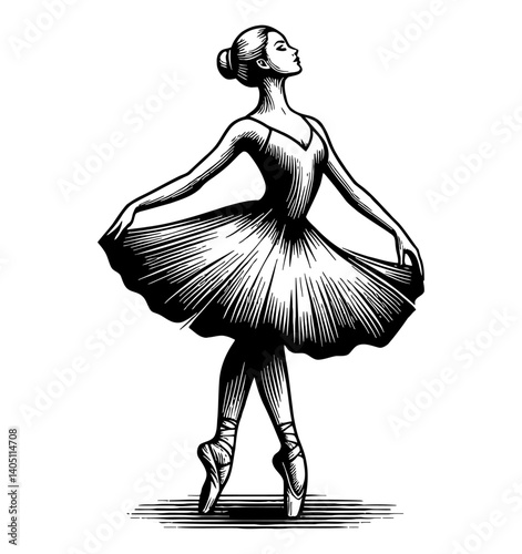 Elegant ballerina standing in pose with classic tutu in black and white engraving style art