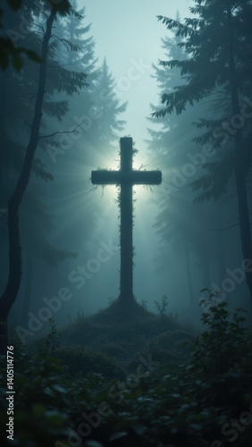 A dark forest with a cross illuminated by a bright light, representing Christian symbolism.