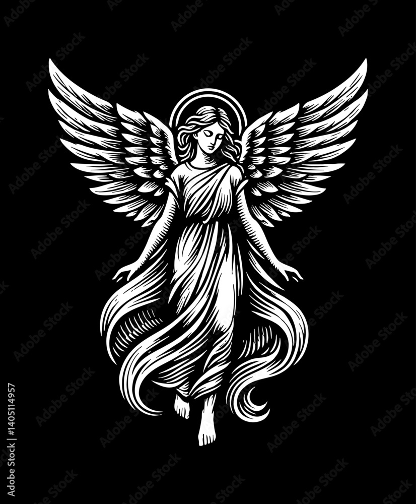 Fototapeta premium Elegant Angel with Wings and Halo in Black and White Engraved Vector Art