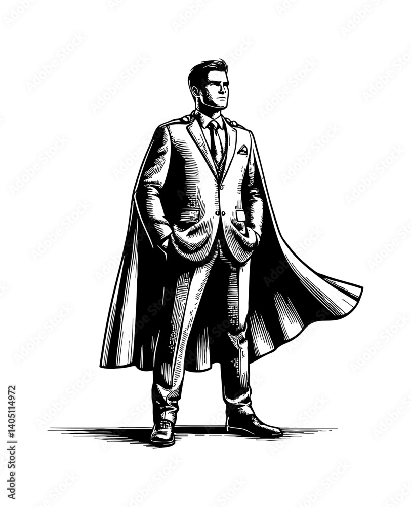 Obraz premium Confident Businessman in Suit and Cape Standing Tall with Hands in Pocket in Engraved Style
