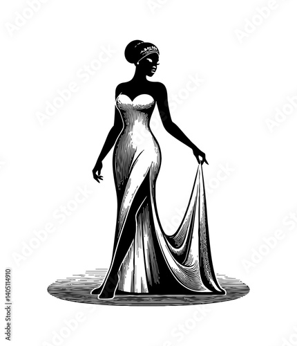Elegant Woman in Gown with Thigh High Slit Holding Gown Hem in Engraved Style Illustration