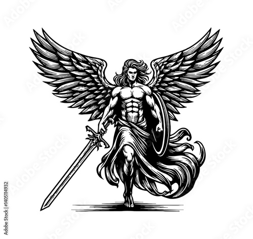 Warrior Angel with Sword and Shield, Muscular Build, Determined Expression, Engraved Style