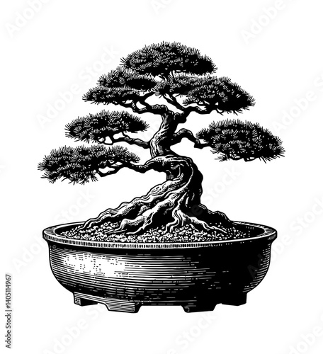 Detailed black and white engraving of a bonsai tree in a pot viewed from front