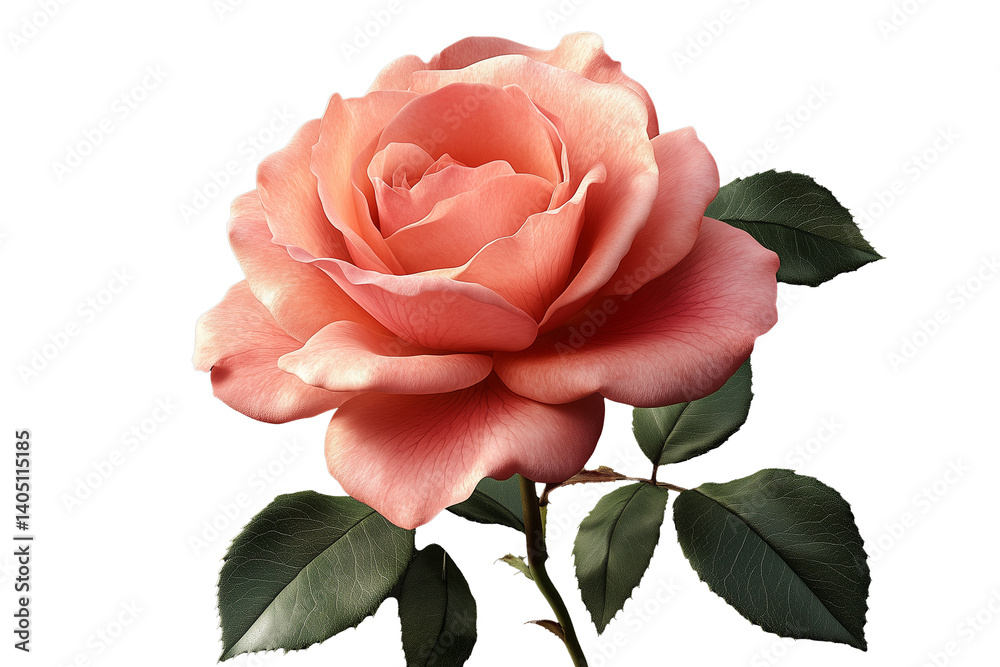 Fototapeta premium rose with detailed pink petals and green leaves, isolated on white background, high resolution, botanical illustration style