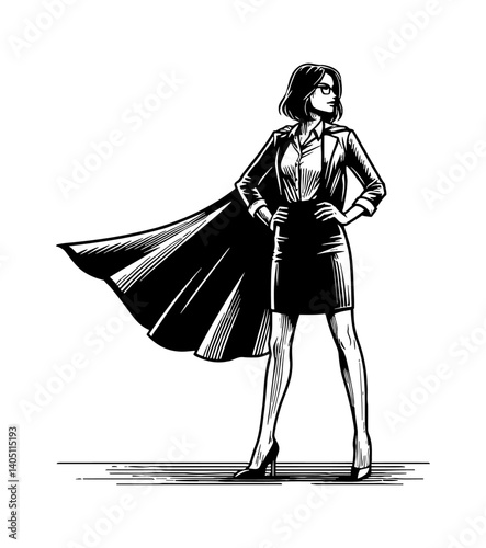 Businesswoman in superhero cape with hands on hips wearing skirt suit and high heels confidently