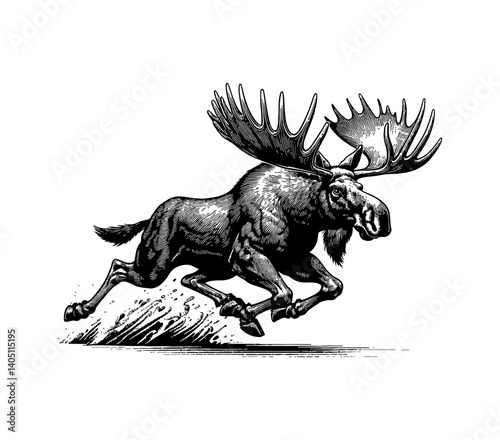 Engraved Illustration of a Running Moose with Large Antlers, Black and White