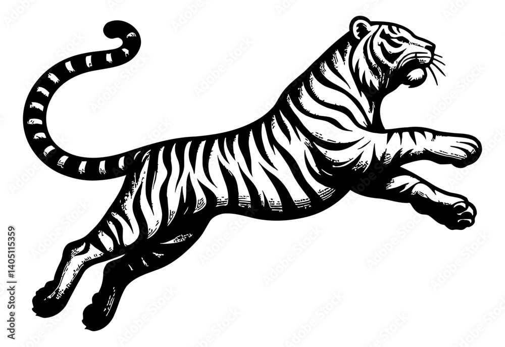 Elegant Black and White Engraved Illustration of a Leaping Tiger with Detailed Stripes Elegant Black and White Engraved Illustration of a Leaping Tiger with Detailed Stripes