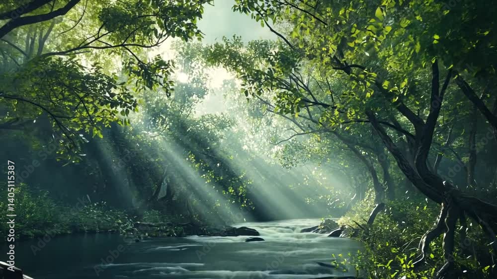 Sunbeams Illuminate Lush River in Tropical Forest Sunbeams Illuminate Lush River in Tropical Forest