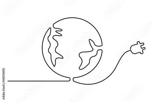 Earth globe continuous one line art drawing with isolated simple vector icon