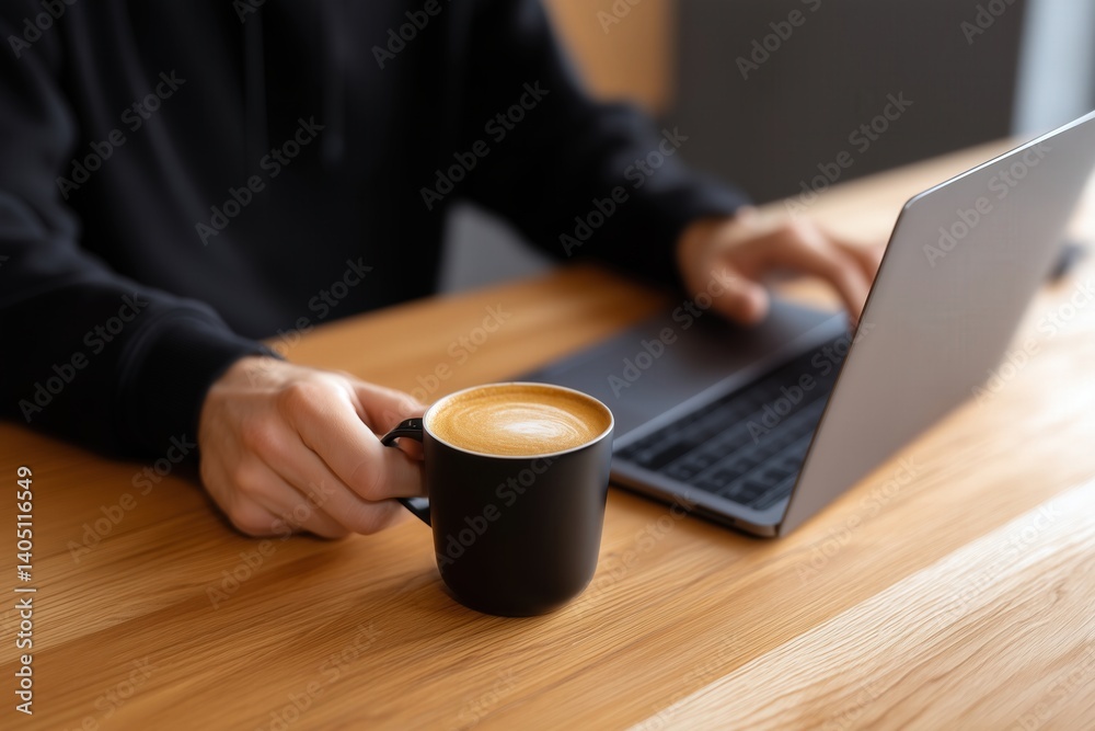 Person working remotely with laptop and coffee. casual work lifestyle Person working remotely with laptop and coffee. casual work lifestyle