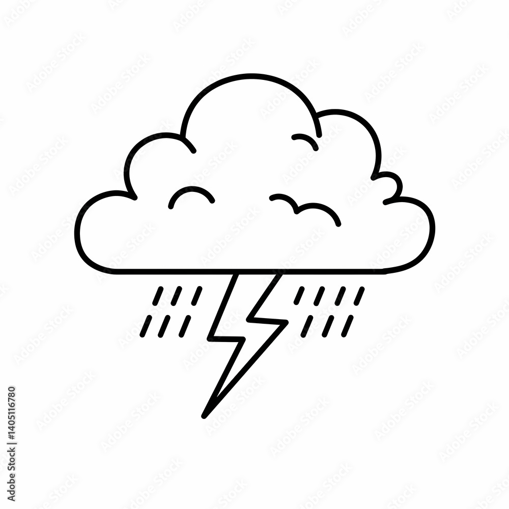 Simple Line Art Illustration of a Thunderstorm Cloud with Rain and Lightning Simple Line Art Illustration of a Thunderstorm Cloud with Rain and Lightning