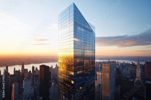 Modern skyscraper dominates manhattan skyline at sunrise. photo